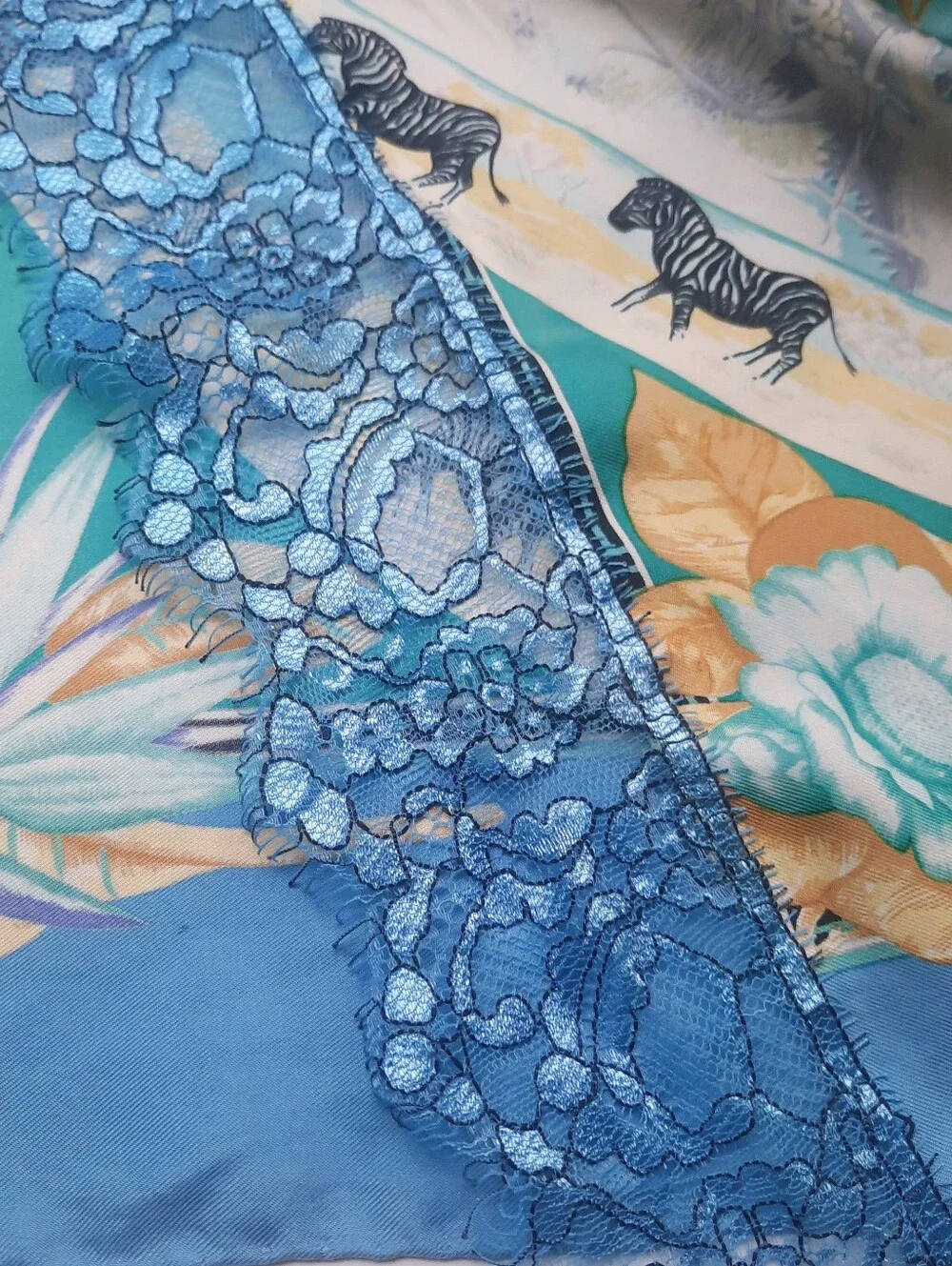 Vintage HERMÈS Tropiques Silk Twill Scarf 90cm Blue/Multi (Altered/Trim Added) - Picture 13 of 16